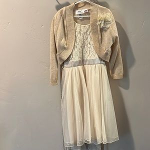 Girls size 14 cream/ gold formal dress with cardigan